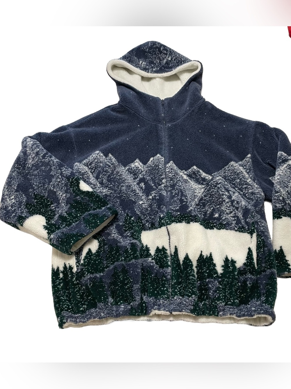 Navy Mountain Print Sherpa Hoodie Sweater